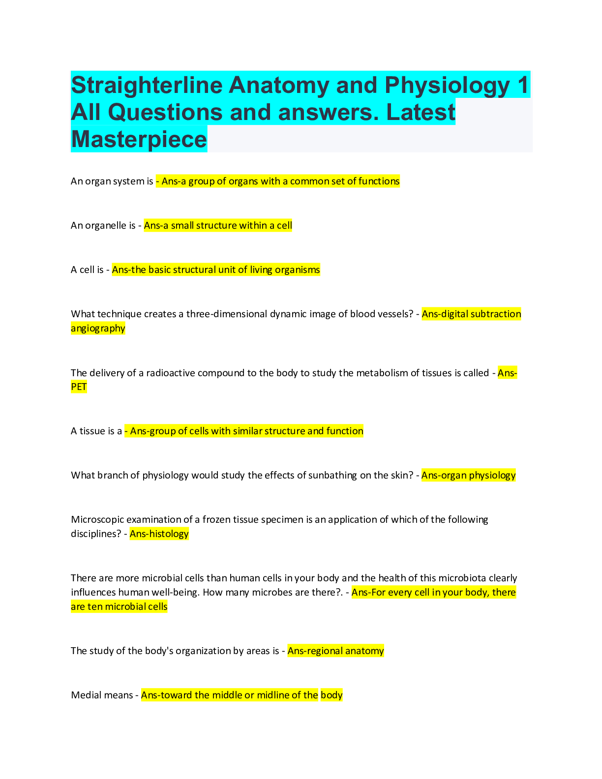 Straighterline Anatomy and Physiology 1 All Questions and answers